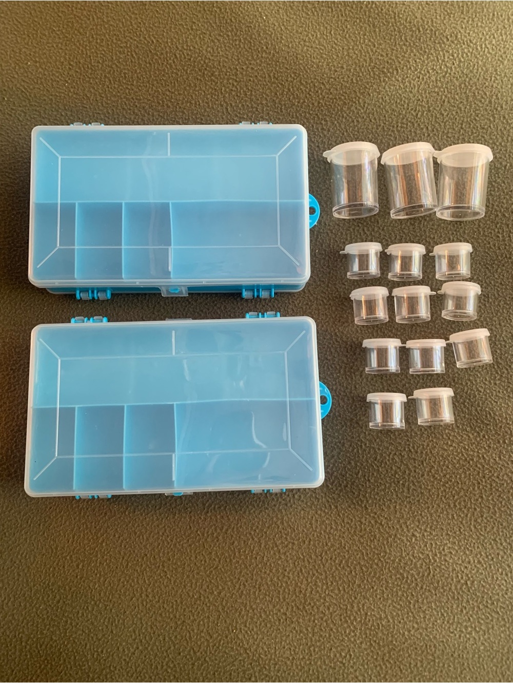 EUC blue two-sided plastic storage containers and 14 container w/lids (2 sizes)